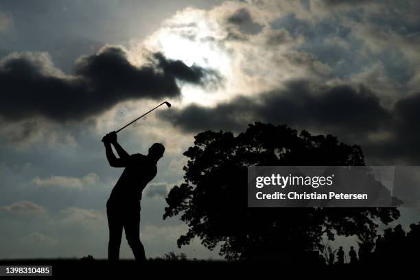 Dustin Johnson of the United States plays his shot from the 11th tee during the second round of the 2022 PGA Championship at Southern Hills Country...