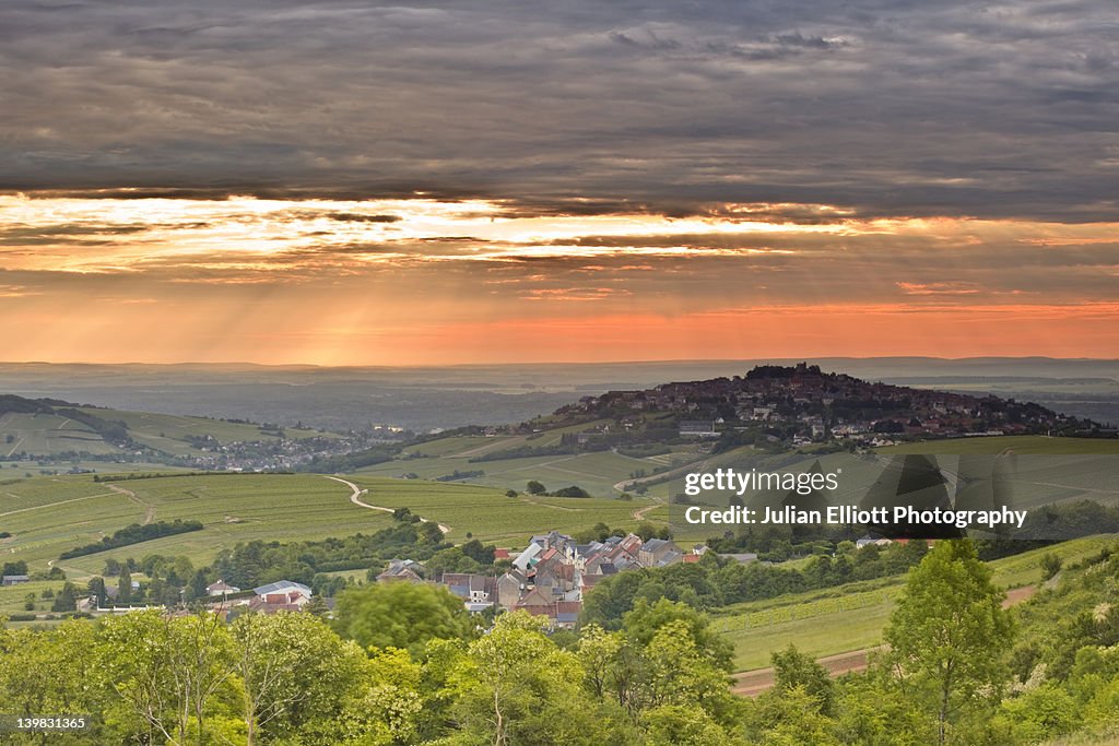 Dramatic skies at dawn among the vineyards of Sancerre in France. The area is part of the Loire Valley and is also part of an area called Berry.