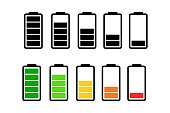 Battery charge icon set on white background.