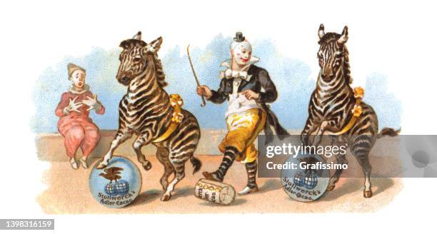 illustrazioni stock, clip art, cartoni animati e icone di tendenza di pierrot clown in circo che si esibisce con l'illustrazione art nouveau zebra - circus performer