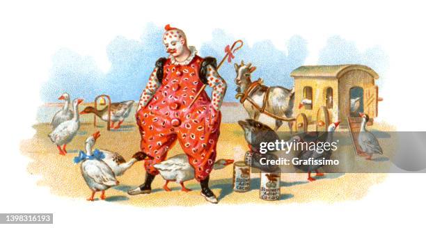 clown with ducks performing in circus art nouveau illustration - performing arts occupation stock illustrations