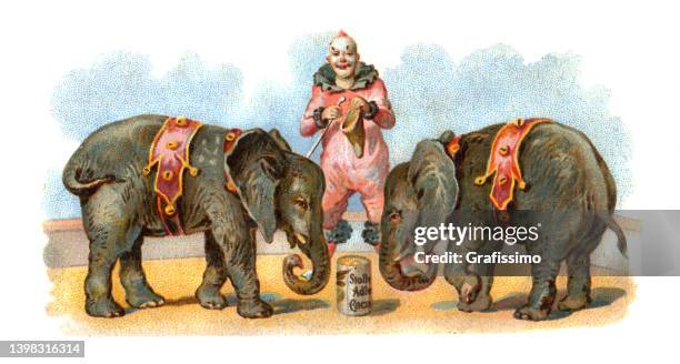 illustrazioni stock, clip art, cartoni animati e icone di tendenza di clown in circo con elefante illustrazione art nouveau - circus