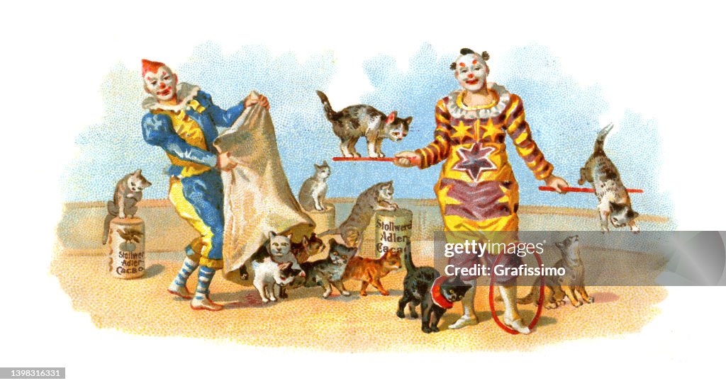 Clowns in circus performance group with cats art nouveau illustration