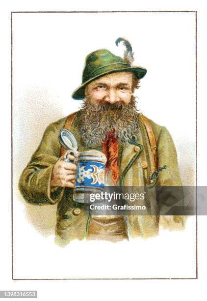ilustraciones, imágenes clip art, dibujos animados e iconos de stock de hombre con jarra de cerveza en baviera ilustración art nouveau - cultura alemana