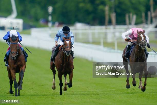 Jamie Spencer riding Lionel win The British Stallion Studs EBF Cocked Hat Stakes from Frankie Dettori and Aldous Huxley at Goodwood Racecourse on May...