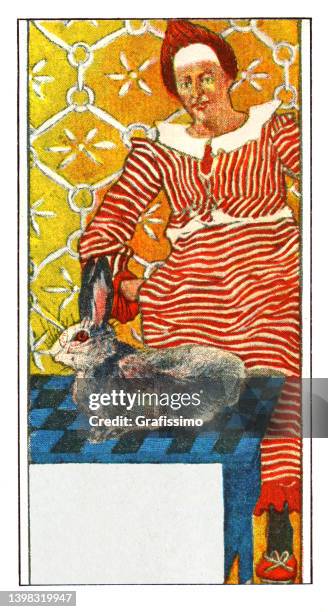 clown with rabbit performing at circus art nouveau illustration - old jester stock illustrations