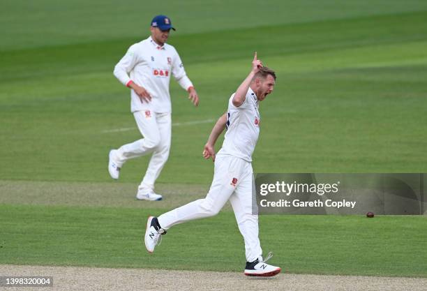 Jamie Porter of Essex celebrates dismissing Josh Bohannon of Lancashire during day two of the LV= Insurance County Championship match between...