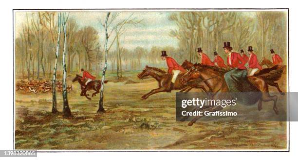 hunters hunting on horses in forest art nouveau illustration - 1900 stock illustrations