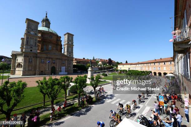 General view of the peloton passing through Santuario di Vicoforte landscape during the 105th Giro d'Italia 2022, Stage 13 a 150km stage from Sanremo...