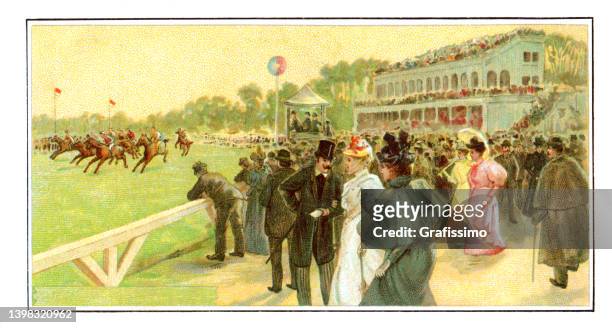 horse race with spectators art nouveau illustration 1899 - racehorse stock illustrations