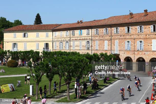 General view of the peloton passing through Santuario di Vicoforte landscape during the 105th Giro d'Italia 2022, Stage 13 a 150km stage from Sanremo...