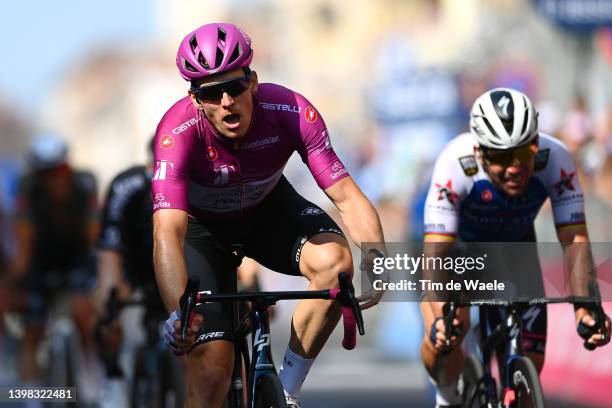 Arnaud Demare of France and Team Groupama - FDJ purple points jersey celebrates winning during the 105th Giro d'Italia 2022, Stage 13 a 150km stage...
