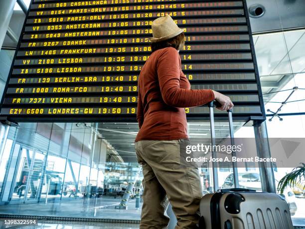 adult woman traveler looking at flight information. - fly stock-fotos und bilder