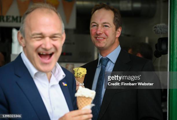 Liberal Democrat leader Ed Davey with Liberal Democrat candidate for the Tiverton and Honiton by-election Richard Foord enjoy an ice crea on May 20,...