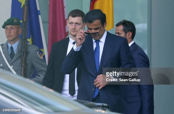 Sheikh Tamim bin Hamad al Thani, Emir of Qatar, departs after meeting with German Chancellor Olaf Scholz at the Chancellery on May 20, 2022 in...
