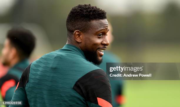 Divock Origi of Liverpool during a training session at AXA Training Centre on May 20, 2022 in Kirkby, England.