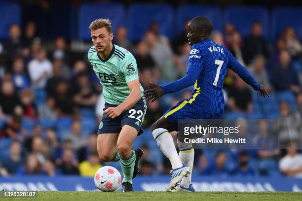 Kiernan Dewsbury-Hall of Leicester City is challenged by Ngolo Kante of Chelsea during the Premier League match between Chelsea and Leicester City at...