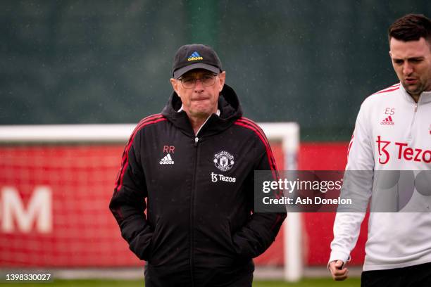 Interim Manager Ralf Rangnick of Manchester United in action during a first team training session at Carrington Training Ground on May 20, 2022 in...