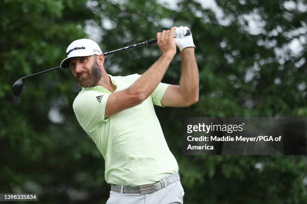 Dustin Johnson of the United States plays his shot from the 17th tee during the second round of the 2022 PGA Championship at Southern Hills Country...