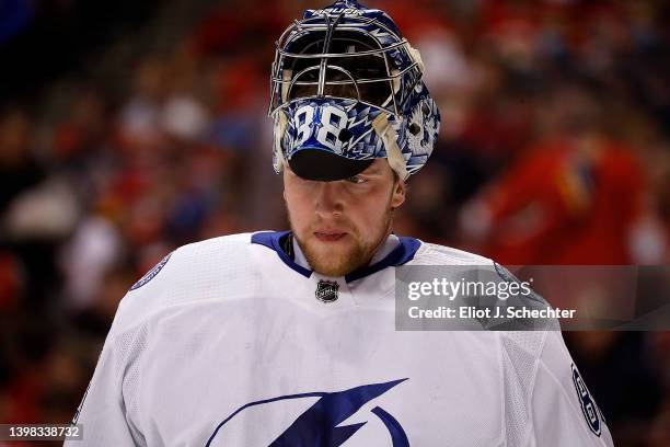 Goaltender Andrei Vasilevskly of the Tampa Bay Lightning skates the ice during a break in the action against the Florida Panthers in Game Two of the...