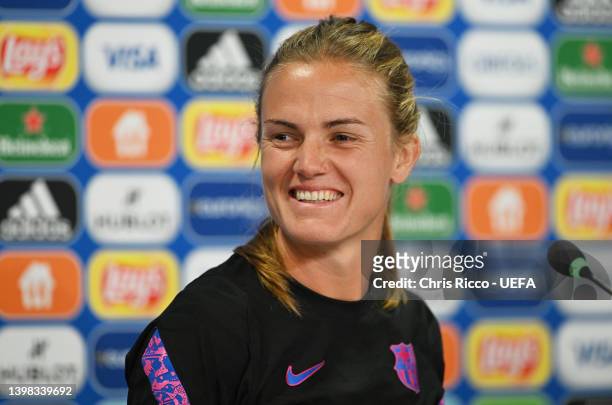 Irene Paredes of FC Barcelona speaks to the media in the pre match press conference at Juventus Stadium on May 20, 2022 in Turin, Italy. FC Barcelona...