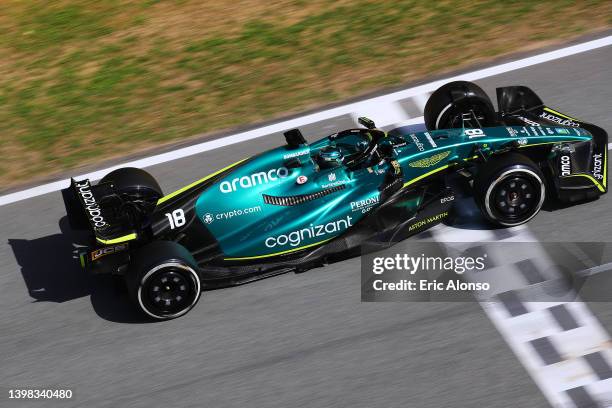 Lance Stroll of Canada driving the Aston Martin AMR22 Mercedes during practice ahead of the F1 Grand Prix of Spain at Circuit de Barcelona-Catalunya...