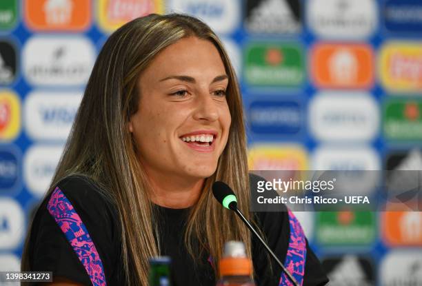 Alexia Putellas of FC Barcelona speaks to the media in the pre match press conference at Juventus Stadium on May 20, 2022 in Turin, Italy. FC...