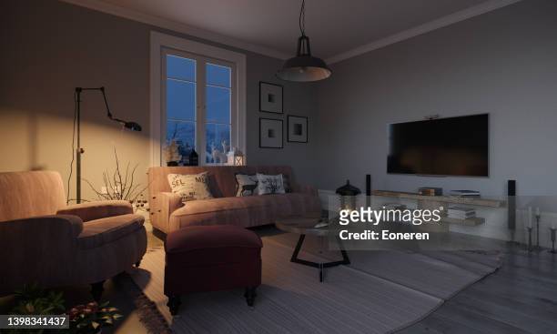 scandinavian style living room interior - living room night stock pictures, royalty-free photos & images
