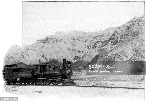 mexican central railway train in the chihuahuan desert, mexico - 19th century - 19th century steam train stock illustrations
