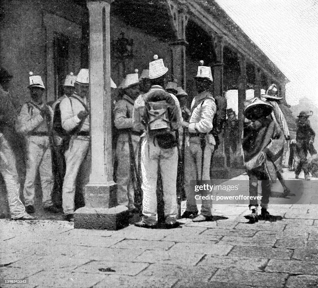 Group of Military Soldiers at a Railroad Station in the Chihuahuan Desert, Mexico - 19th Century