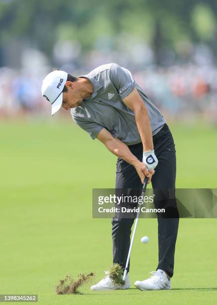 Joaquin Niemann of Chile plays his second shot on the 16th hole during the second round of the 2022 PGA Championship at Southern Hills Country Club...