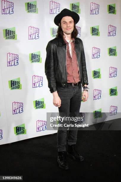 James Bay poses on the press board during Radio City Hits Live at the M&S Bank Arena on May 20, 2022 in Liverpool, England.