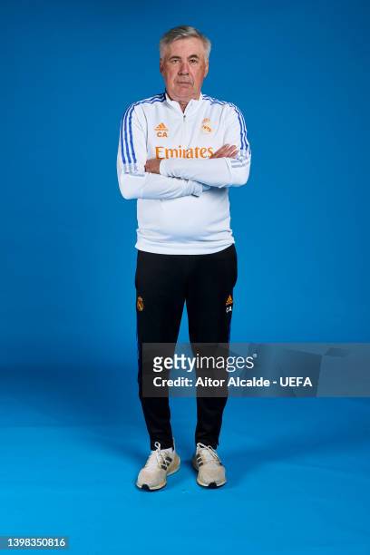 Carlo Ancelotti of Real Madrid CF poses during the UEFA Champions League Final Media Day at Valdebebas training ground on May 18, 2022 in Madrid,...