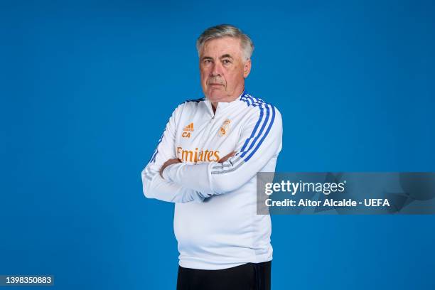 Carlo Ancelotti of Real Madrid CF poses during the UEFA Champions League Final Media Day at Valdebebas training ground on May 18, 2022 in Madrid,...