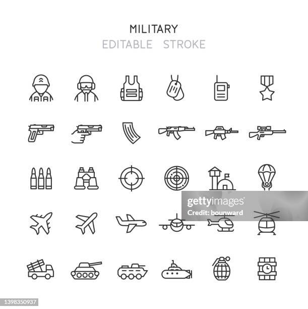 illustrazioni stock, clip art, cartoni animati e icone di tendenza di icone di linea militare tratto modificabile - industria della difesa