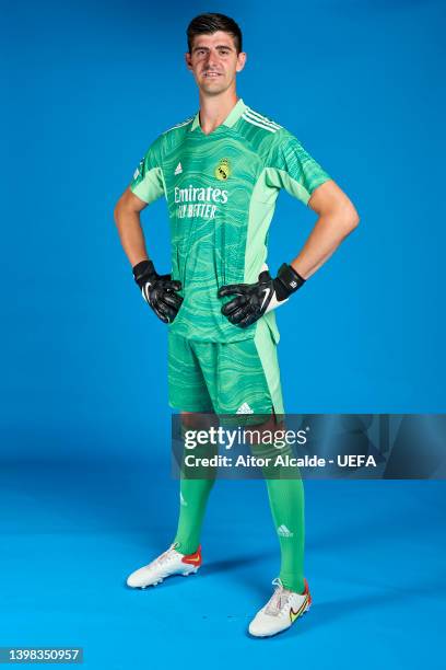 Thibaut Courtois of Real Madrid CF poses during the UEFA Champions League Final Media Day at Valdebebas training ground on May 18, 2022 in Madrid,...