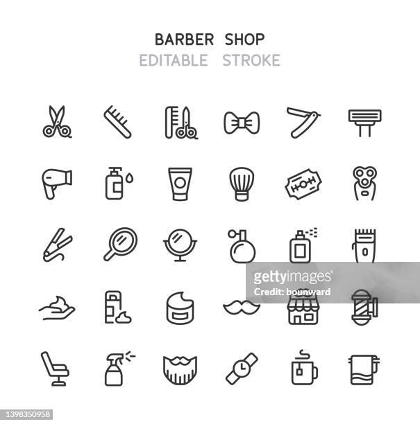 barber shop line icons editable stroke - flat iron stock illustrations