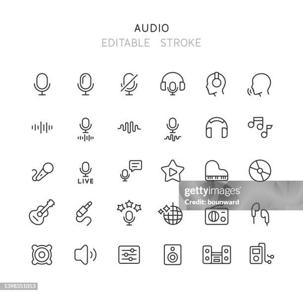 ilustraciones, imágenes clip art, dibujos animados e iconos de stock de iconos de línea de audio trazo editable - auriculares equipo de música