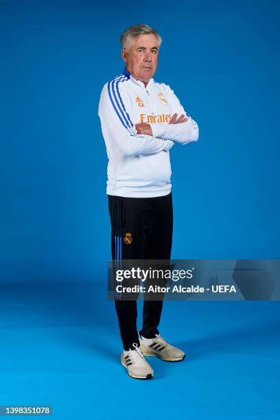 Carlo Ancelotti of Real Madrid CF poses during the UEFA Champions League Final Media Day at Valdebebas training ground on May 18, 2022 in Madrid,...