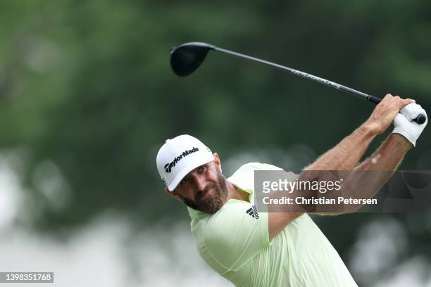 Dustin Johnson of the United States plays his shot from the ninth tee during the second round of the 2022 PGA Championship at Southern Hills Country...