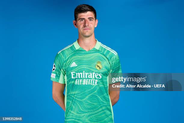 Thibaut Courtois of Real Madrid CF poses during the UEFA Champions League Final Media Day at Valdebebas training ground on May 18, 2022 in Madrid,...