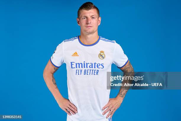 Toni Kroos of Real Madrid CF poses during the UEFA Champions League Final Media Day at Valdebebas training ground on May 18, 2022 in Madrid, Spain.