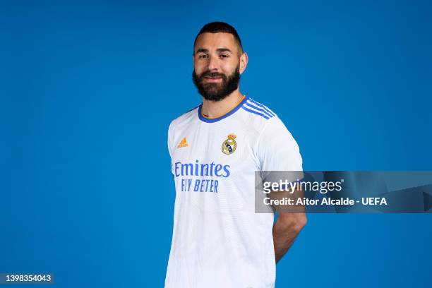 Karim Benzema of Real Madrid CF poses during the UEFA Champions League Final Media Day at Valdebebas training ground on May 18, 2022 in Madrid, Spain.