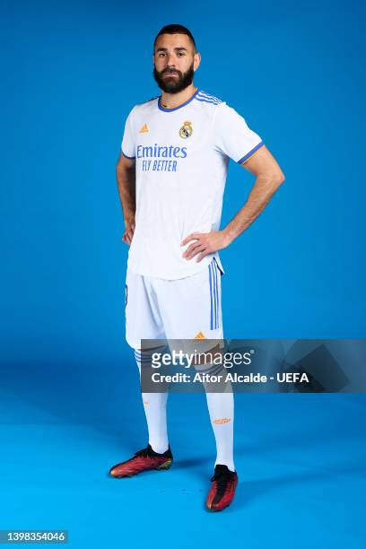 Karim Benzema of Real Madrid CF poses during the UEFA Champions League Final Media Day at Valdebebas training ground on May 18, 2022 in Madrid, Spain.