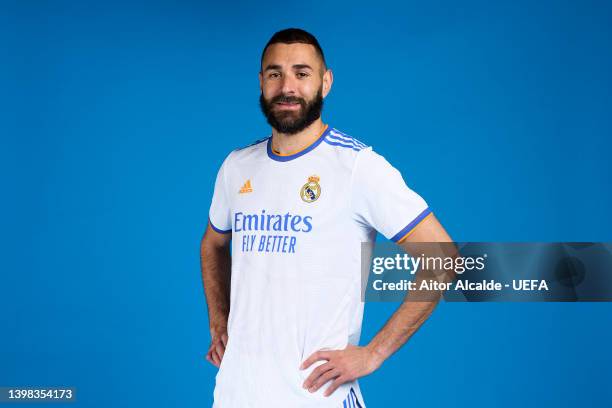 Karim Benzema of Real Madrid CF poses during the UEFA Champions League Final Media Day at Valdebebas training ground on May 18, 2022 in Madrid, Spain.