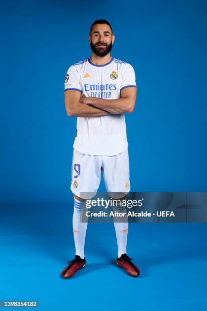 Karim Benzema of Real Madrid CF poses during the UEFA Champions League Final Media Day at Valdebebas training ground on May 18, 2022 in Madrid, Spain.