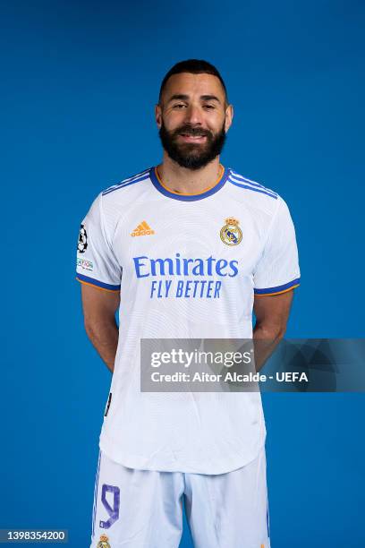 Karim Benzema of Real Madrid CF poses during the UEFA Champions League Final Media Day at Valdebebas training ground on May 18, 2022 in Madrid, Spain.