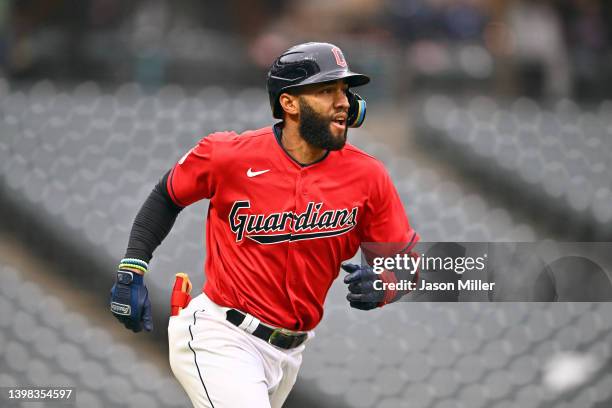 Amed Rosario of the Cleveland Guardians runs out a fly ball to end the fifth inning of game two of a doubleheader against the San Diego Padres at...