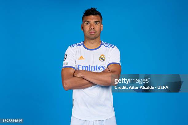 Carlos Casemiro of Real Madrid CF poses during the UEFA Champions League Final Media Day at Valdebebas training ground on May 18, 2022 in Madrid,...