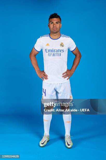 Carlos Casemiro of Real Madrid CF poses during the UEFA Champions League Final Media Day at Valdebebas training ground on May 18, 2022 in Madrid,...